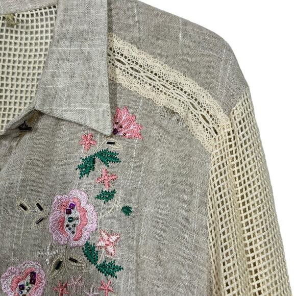 Aratta Floral Embroidered Linen Tunic Top Medium Tan Beaded Embellished Boho - Picture 5 of 8